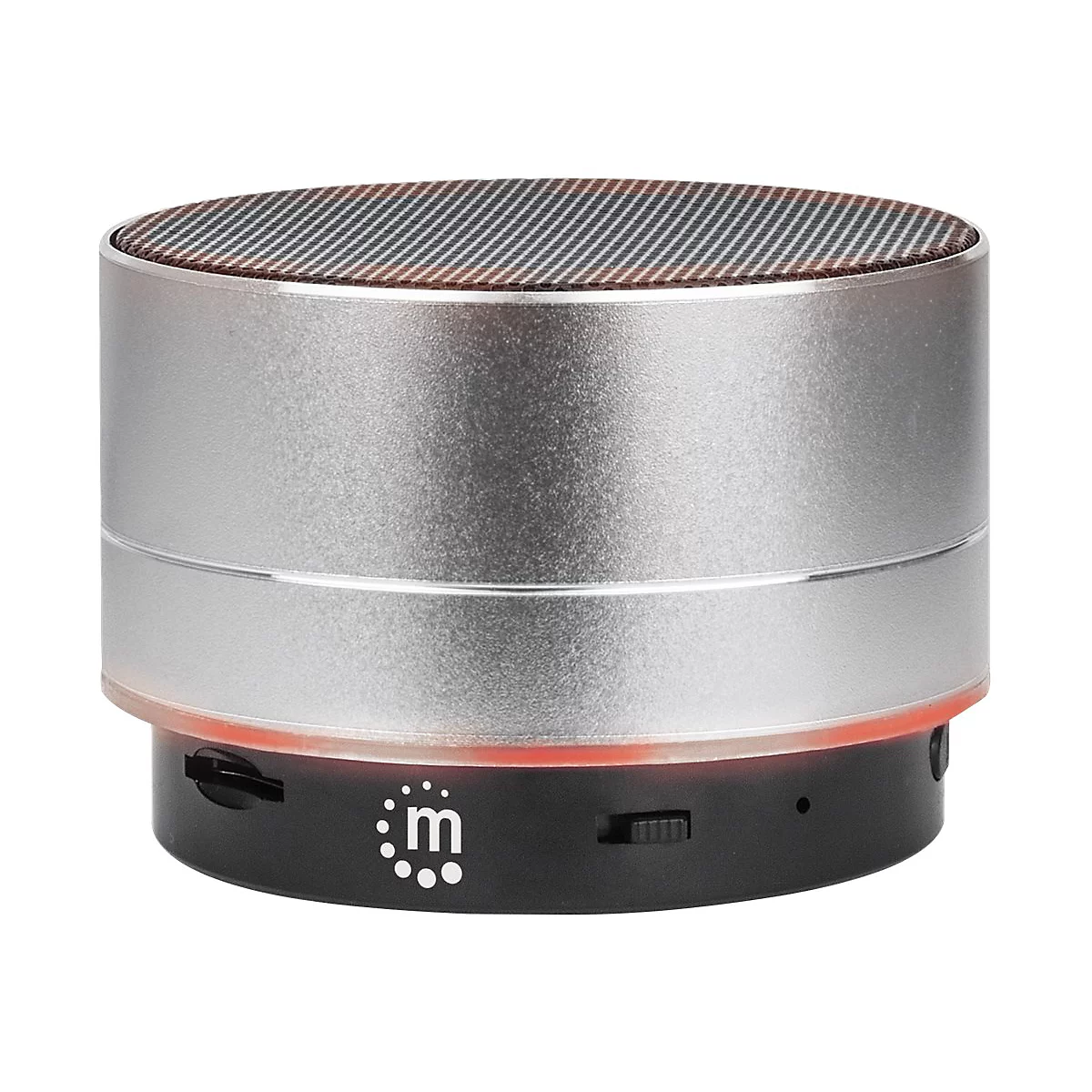 Runder, silberner Bluetooth-Lautsprecher mit schwarzer Basis und weißem Logo auf weißem Hintergrund.