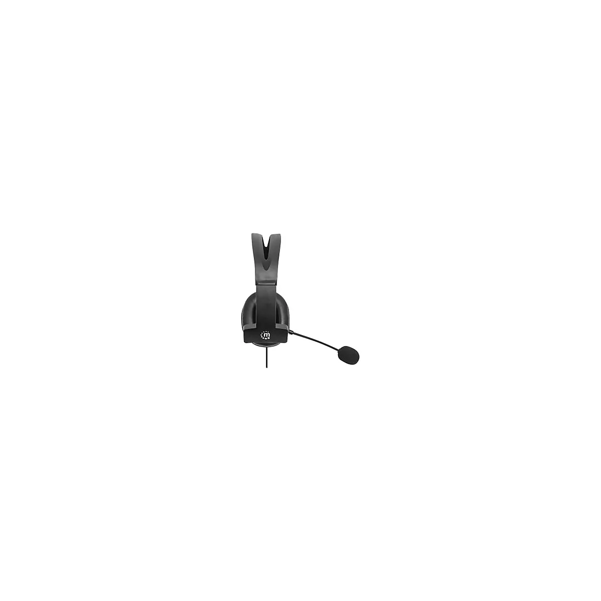 Schwarzes Headset mit gepolsterten Ohrmuscheln und Mikrofonarm vor weißem Hintergrund.