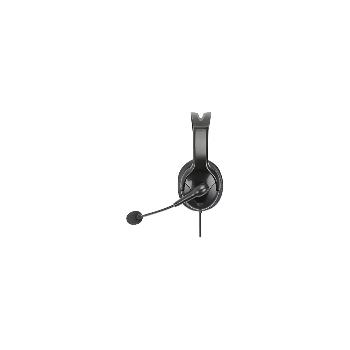 Schwarzes Headset mit Mikrofonarm und Schaumstoff-Windschutz vor weißem Hintergrund.