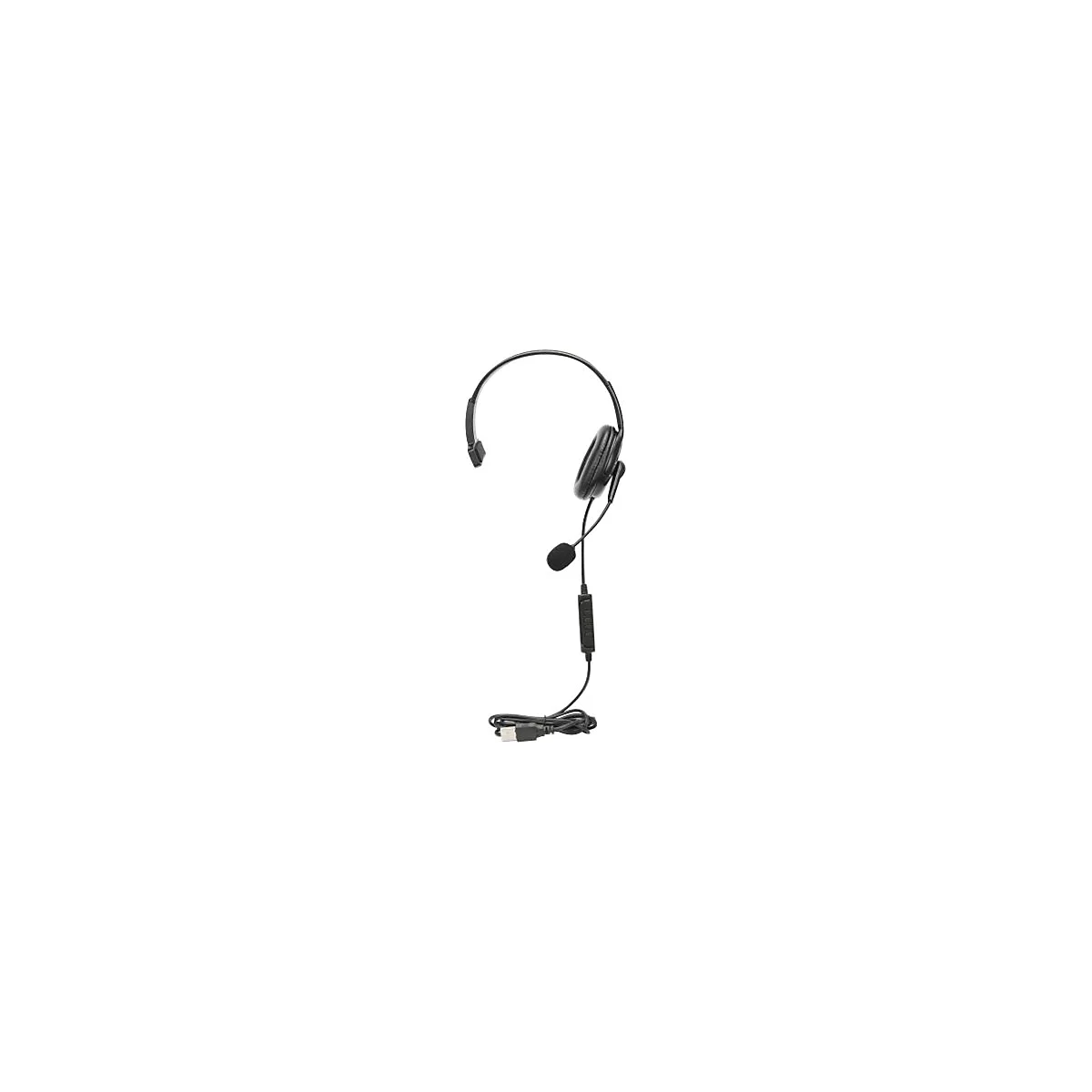 Einseitiges schwarzes USB-Headset mit Kopfbügel, Mikrofonarm und Kabelfernbedienung vor weißem Hintergrund.