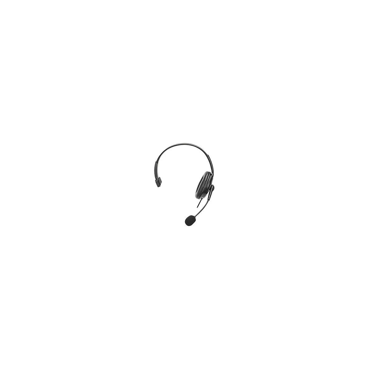 Schwarzes Ein-Ohr-Headset mit verstellbarem Mikrofonbügel vor weißem Hintergrund.