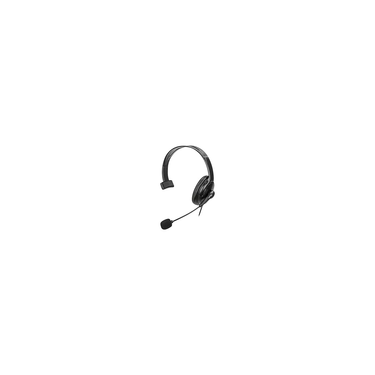 Schwarzes On-Ear-Headset mit einem Ohrpolster, verstellbarem Bügel und einem Mikrofonarm vor weißem Hintergrund.