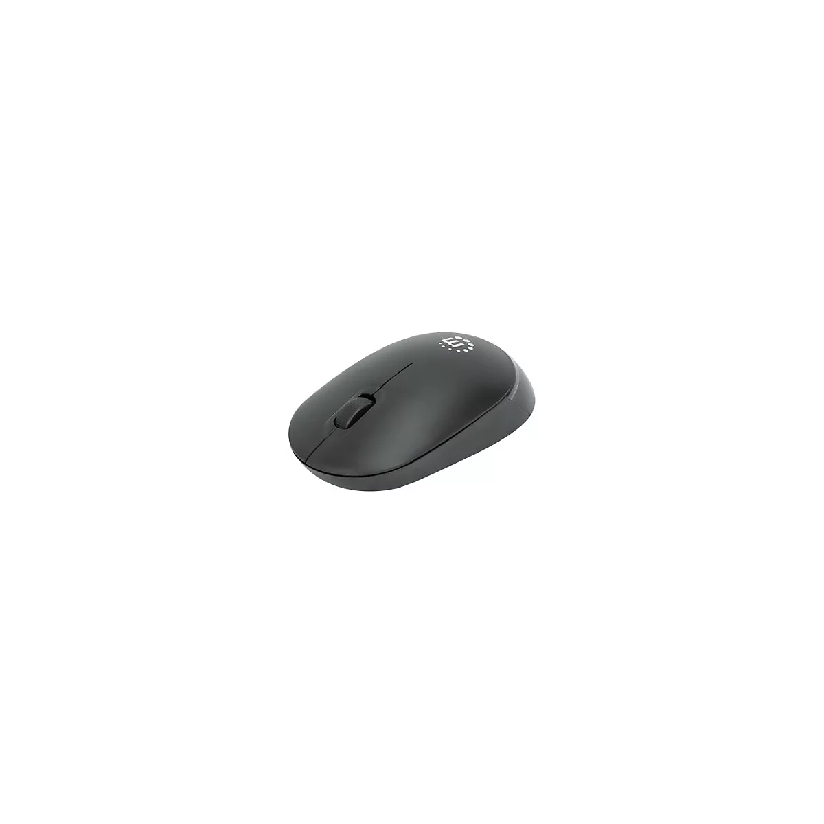 Schwarze kabellose Computermaus mit Mausrad und Markenlogo vor weißem Hintergrund.