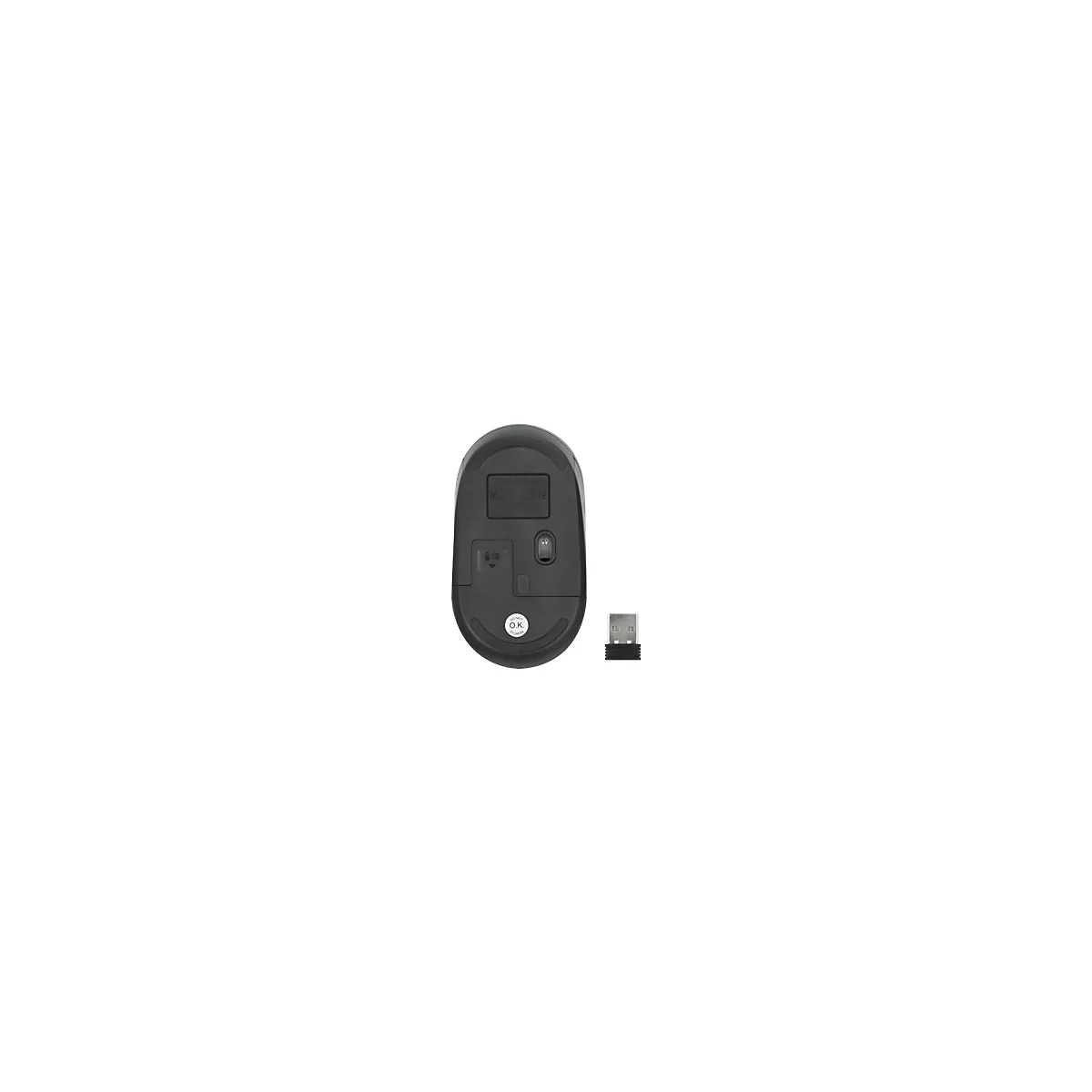 Unterseite einer schwarzen kabellosen Maus mit Batteriefach, Sensor und USB-Empfänger daneben.
