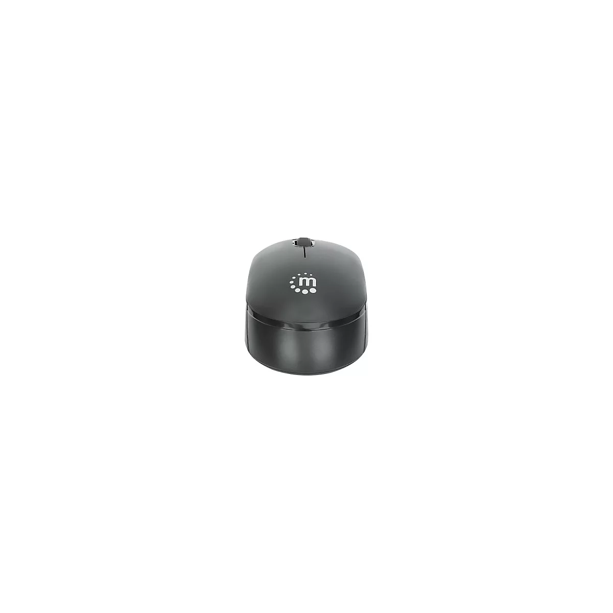 Dunkelgraue, kabellose Computermaus in der Frontalansicht mit weißem Logo auf dem Gehäuse.