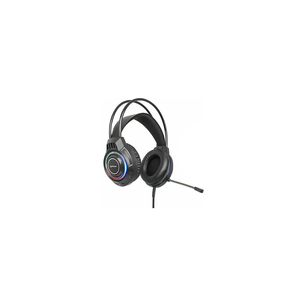 Schwarzes Gaming-Headset mit LED-Beleuchtung, BÃ¼gel und Mikrofon. Auf weiÃŸem Hintergrund.