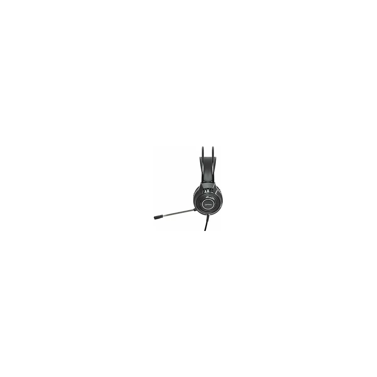 Schwarzes Gaming-Headset mit Mikrofon, Kabel und Logo auf weiÃŸem Hintergrund.
