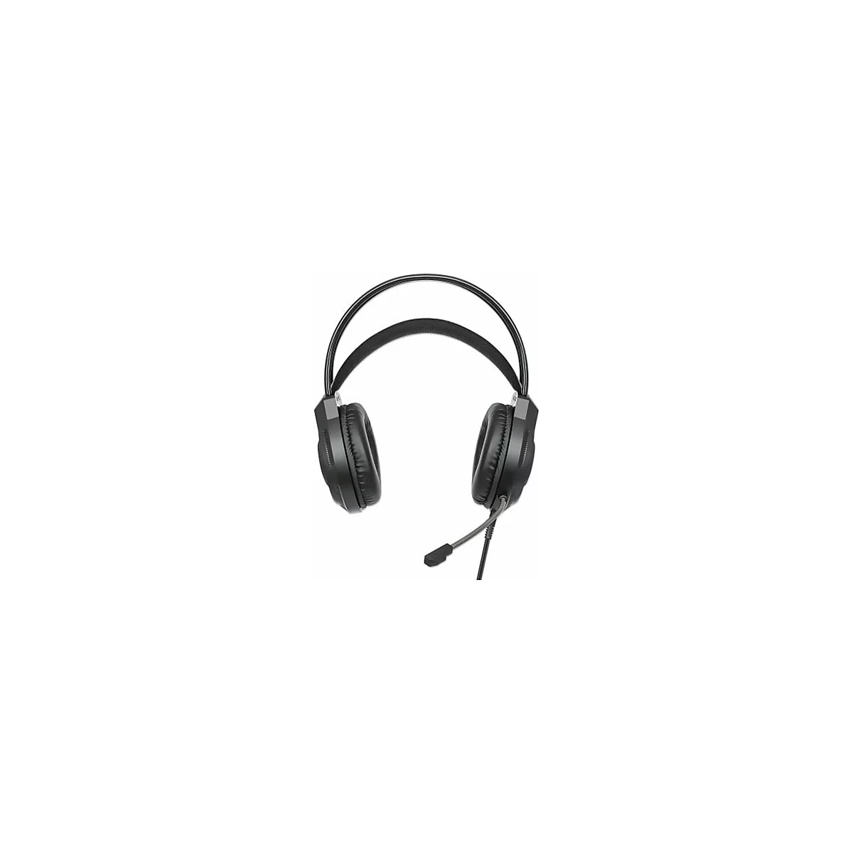 Schwarzes Gaming-Headset mit Mikrofon, auf weiÃŸem Hintergrund.