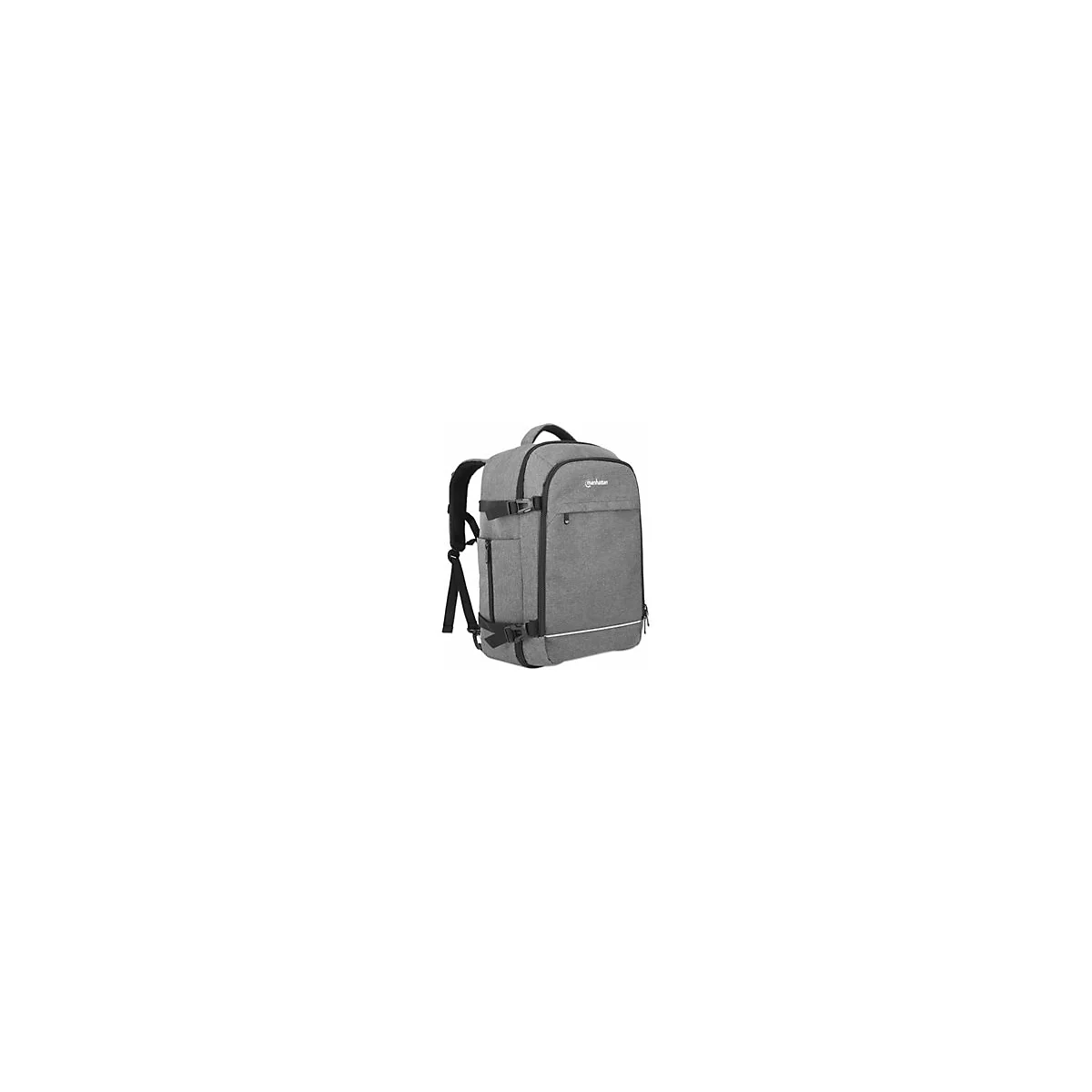Grauer Manhattan Laptop-Rucksack in Dreiviertelansicht vor weißem Hintergrund.