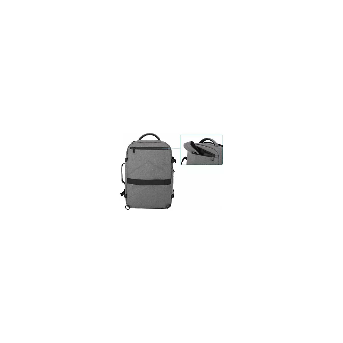 Grauer Rucksack mit Fokus auf ein Detail der Reißverschlusstasche.