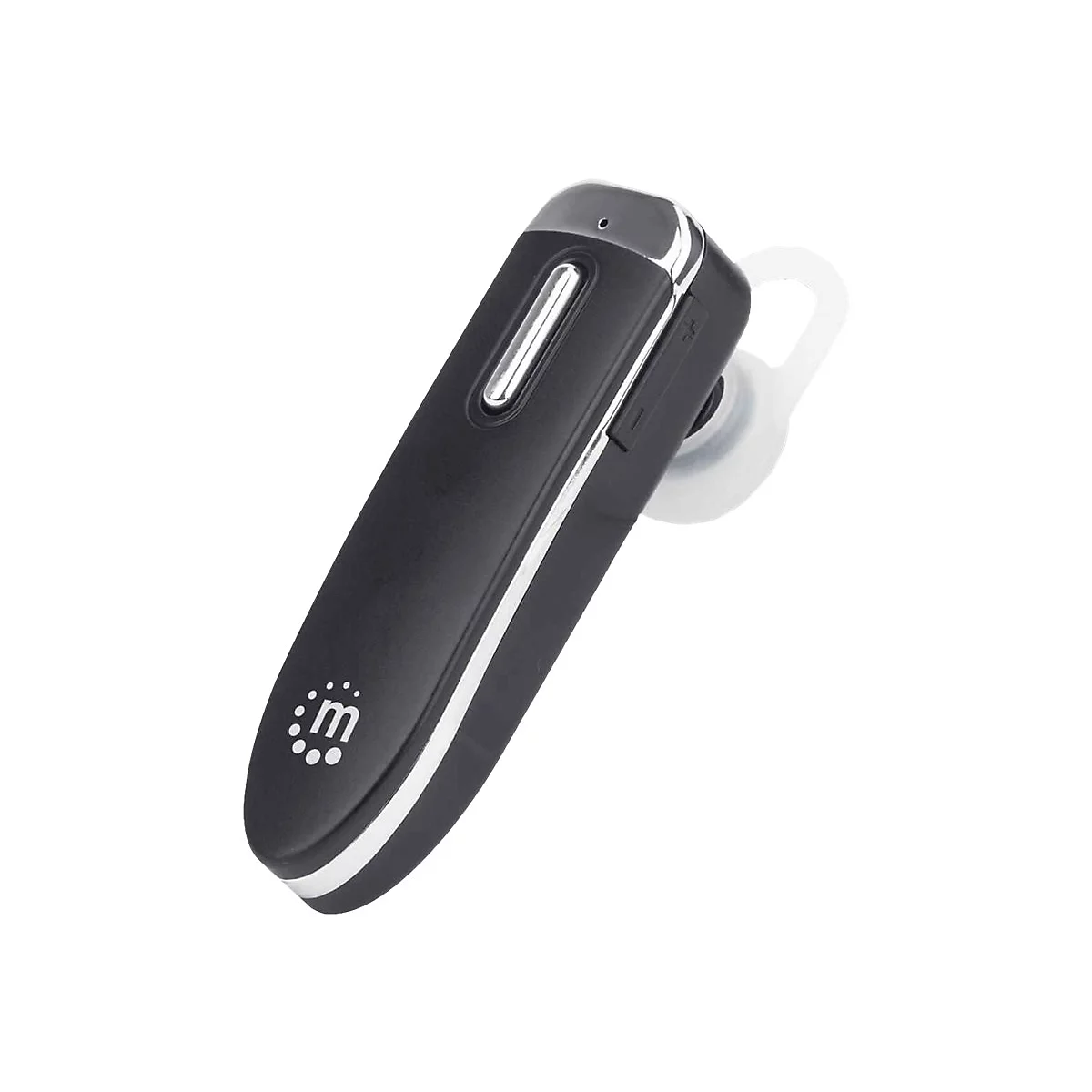 Schwarzes Bluetooth-Headset mit silbernem Akzent und transparentem Ohrstöpsel vor weißem Hintergrund.