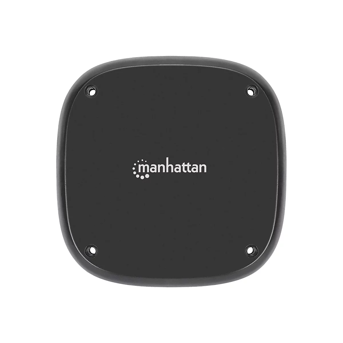 Schwarzes quadratisches Gerät mit abgerundeten Ecken, vier Montagelöchern und mittigem Manhattan-Logo.