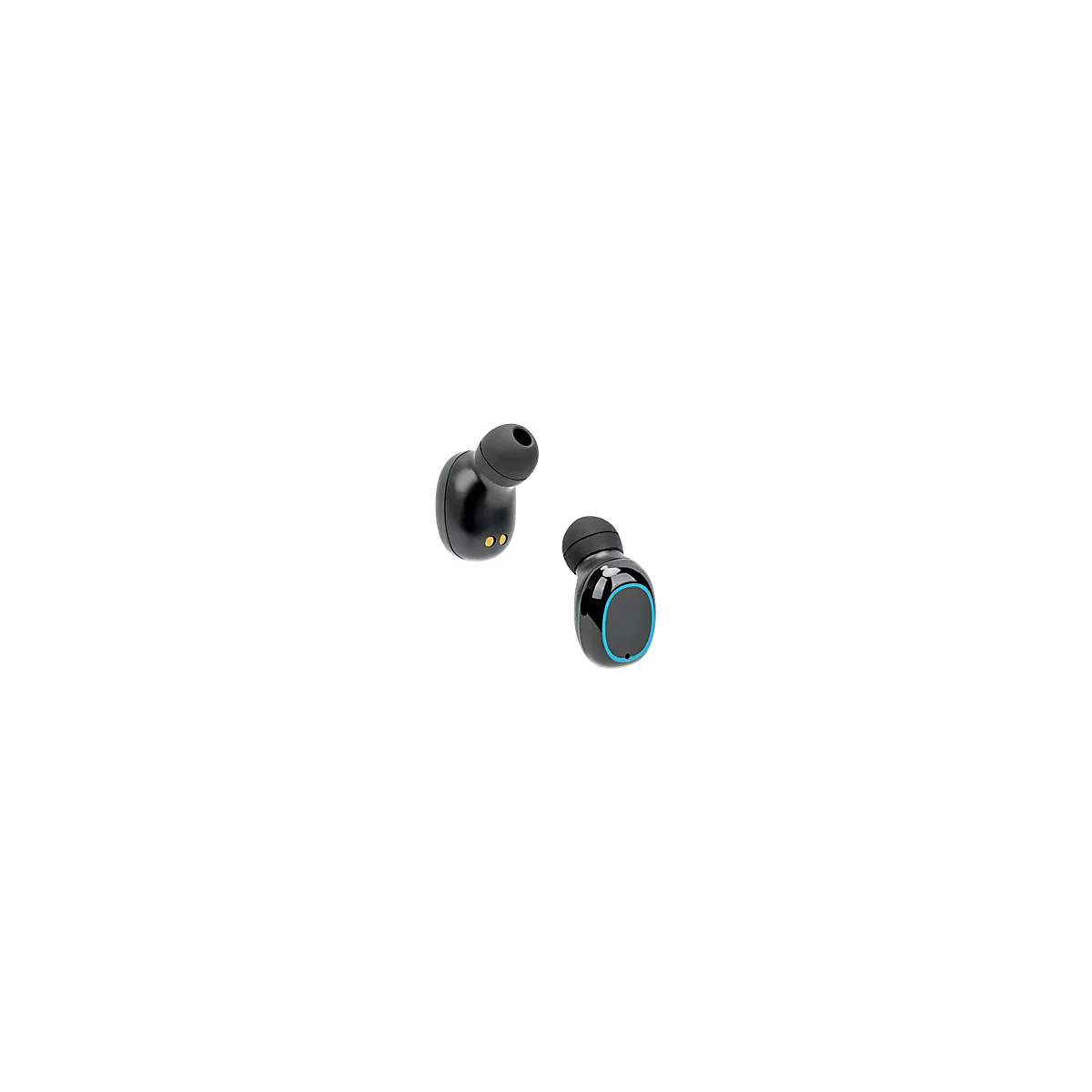 Zwei schwarze In-Ear-Kopfhörer mit blauem Lichtring vor weißem Hintergrund.