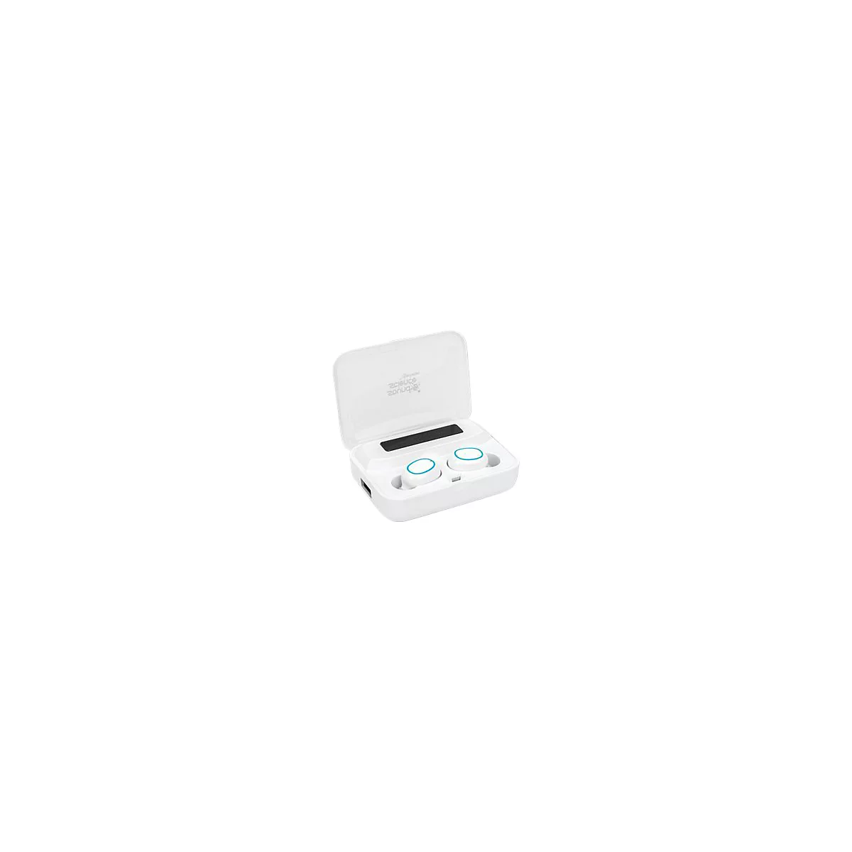Weiße Bluetooth-Ohrhörer in einer geöffneten Ladebox mit Display auf weißem Hintergrund.
