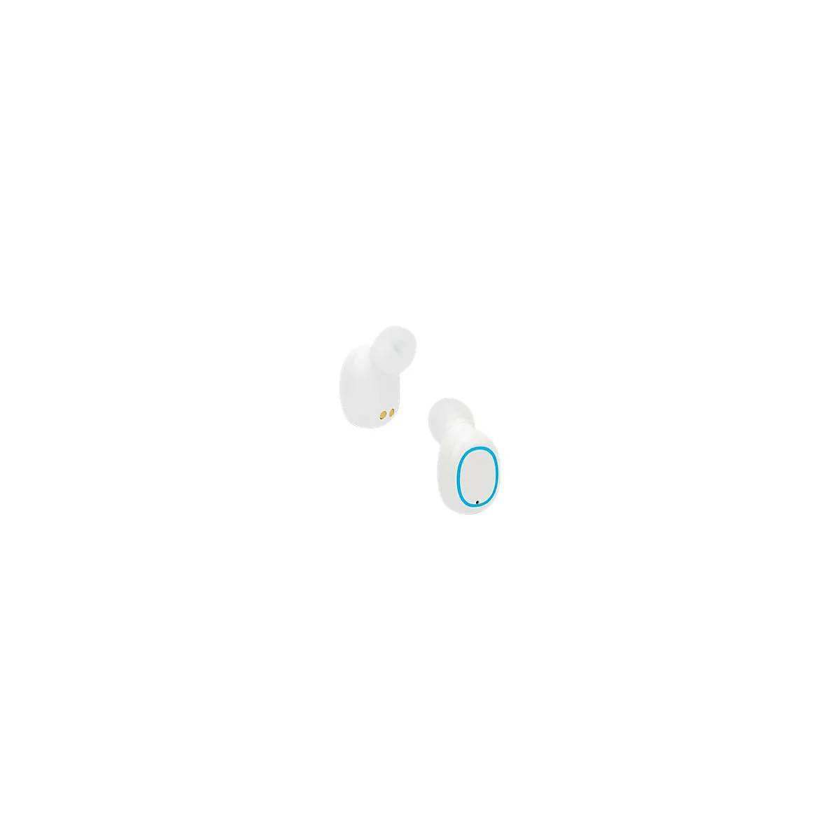 Zwei weiße In-Ear-Kopfhörer mit einem leuchtend blauen Ring auf der Außenseite vor weißem Hintergrund.