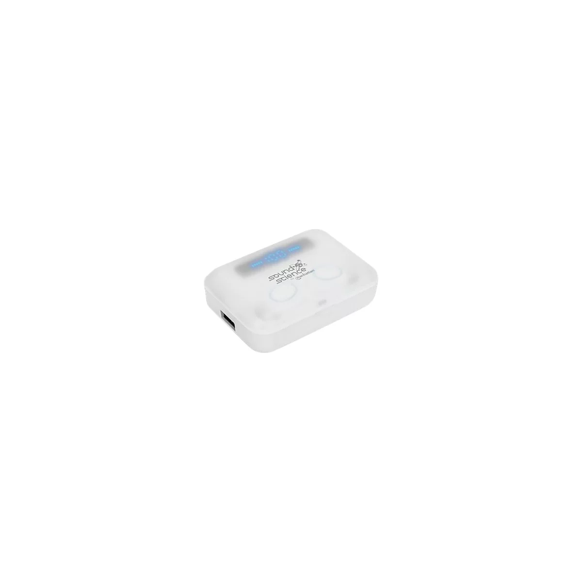 Weißes, halbtransparentes Ladecase für Ohrhörer mit leuchtender blauer Digitalanzeige und Logo.