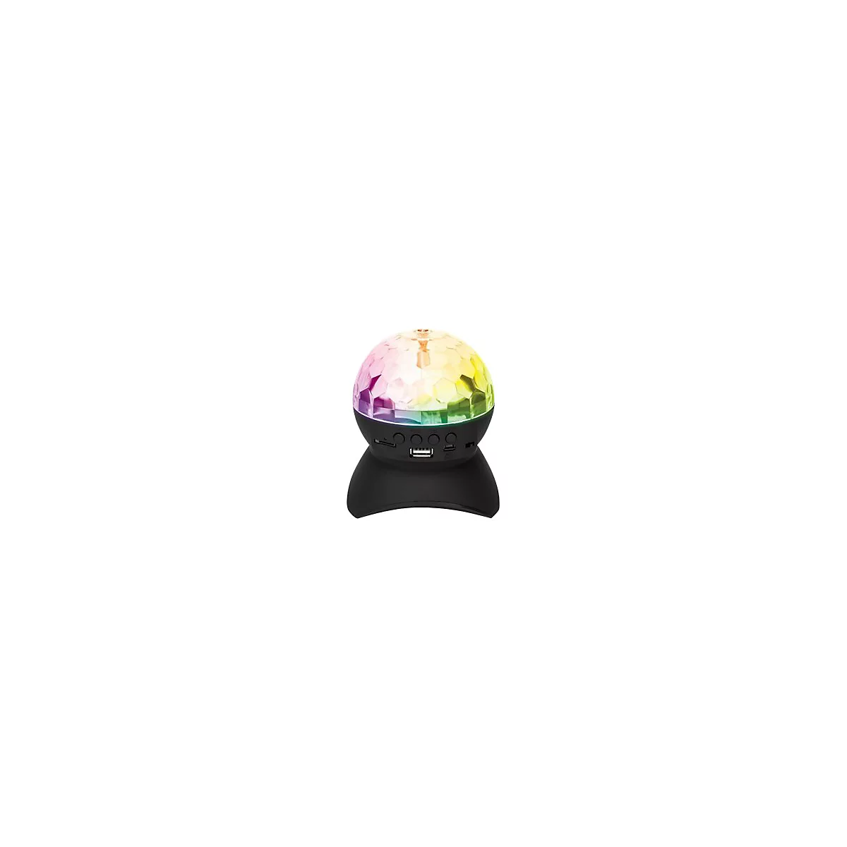 Ein schwarzer Diskokugel-Lautsprecher. Die Kugel leuchtet in Regenbogenfarben, mit Knöpfen und Anschlüssen an der Basis.