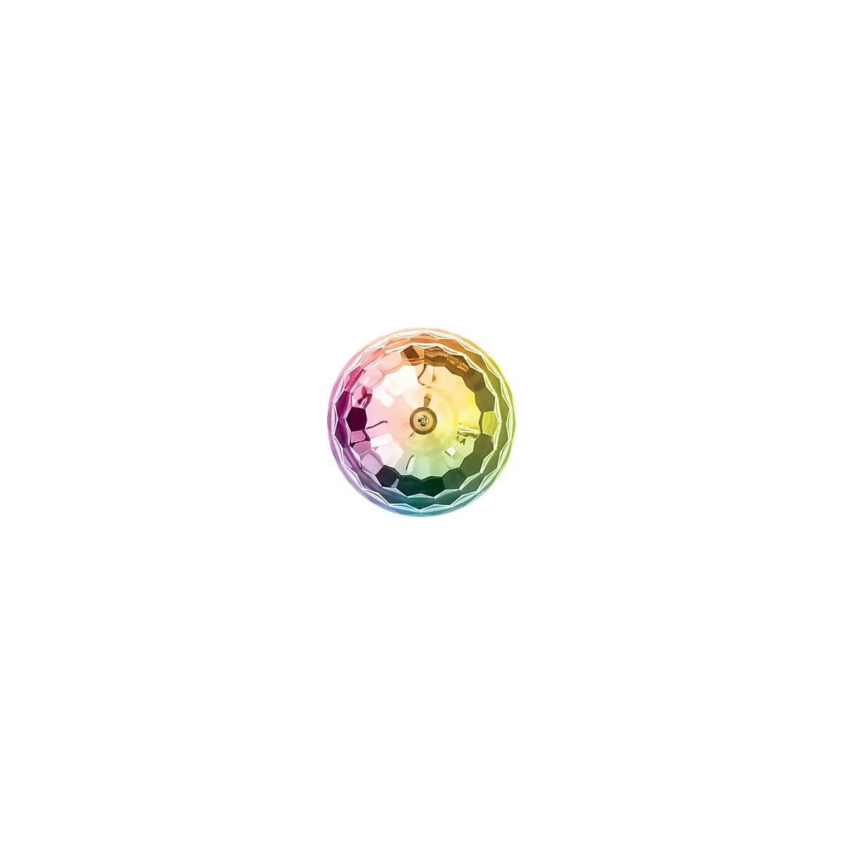 Bunte Disco-Kugel, Facetten in Regenbogenfarben, zentrale Aufhängung, weißer Hintergrund.