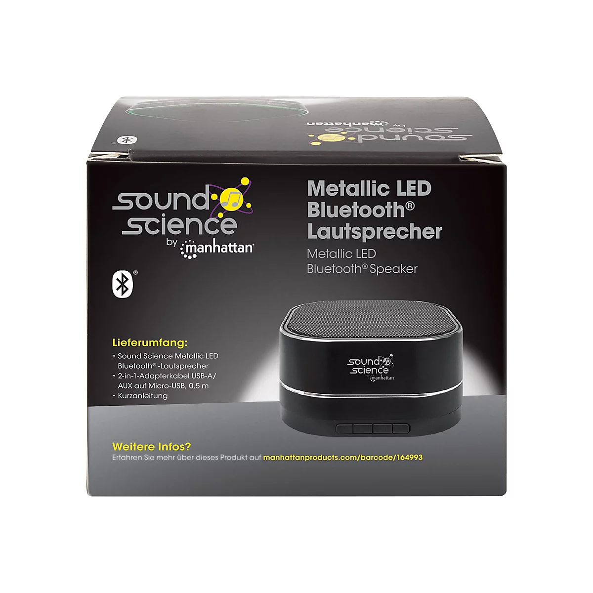 Produktverpackung eines schwarzen Sound Science Metallic LED Bluetooth-Lautsprechers von Manhattan.