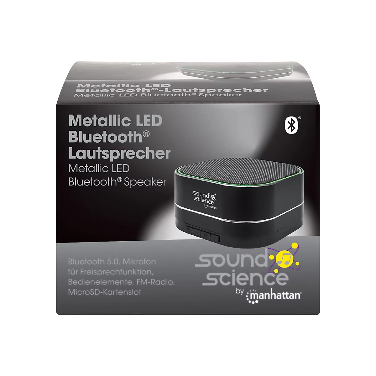 Verpackung eines schwarzen, quadratischen Metallic LED Bluetooth-Lautsprechers von Sound Science by Manhattan.