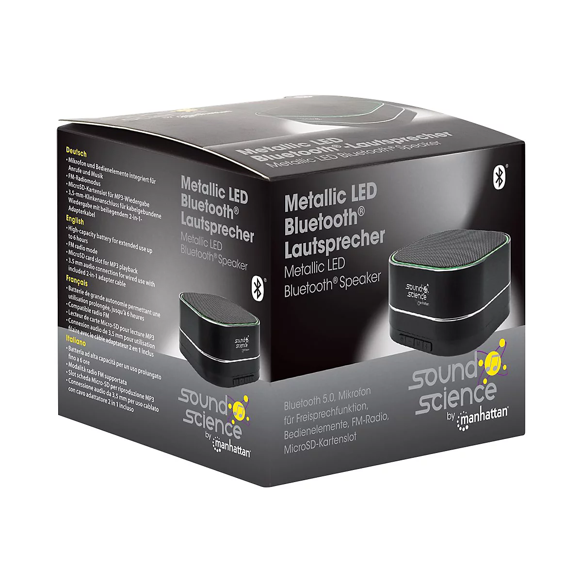 Verpackung eines schwarzen, quadratischen Sound Science Bluetooth-Lautsprechers mit LED-Beleuchtung.
