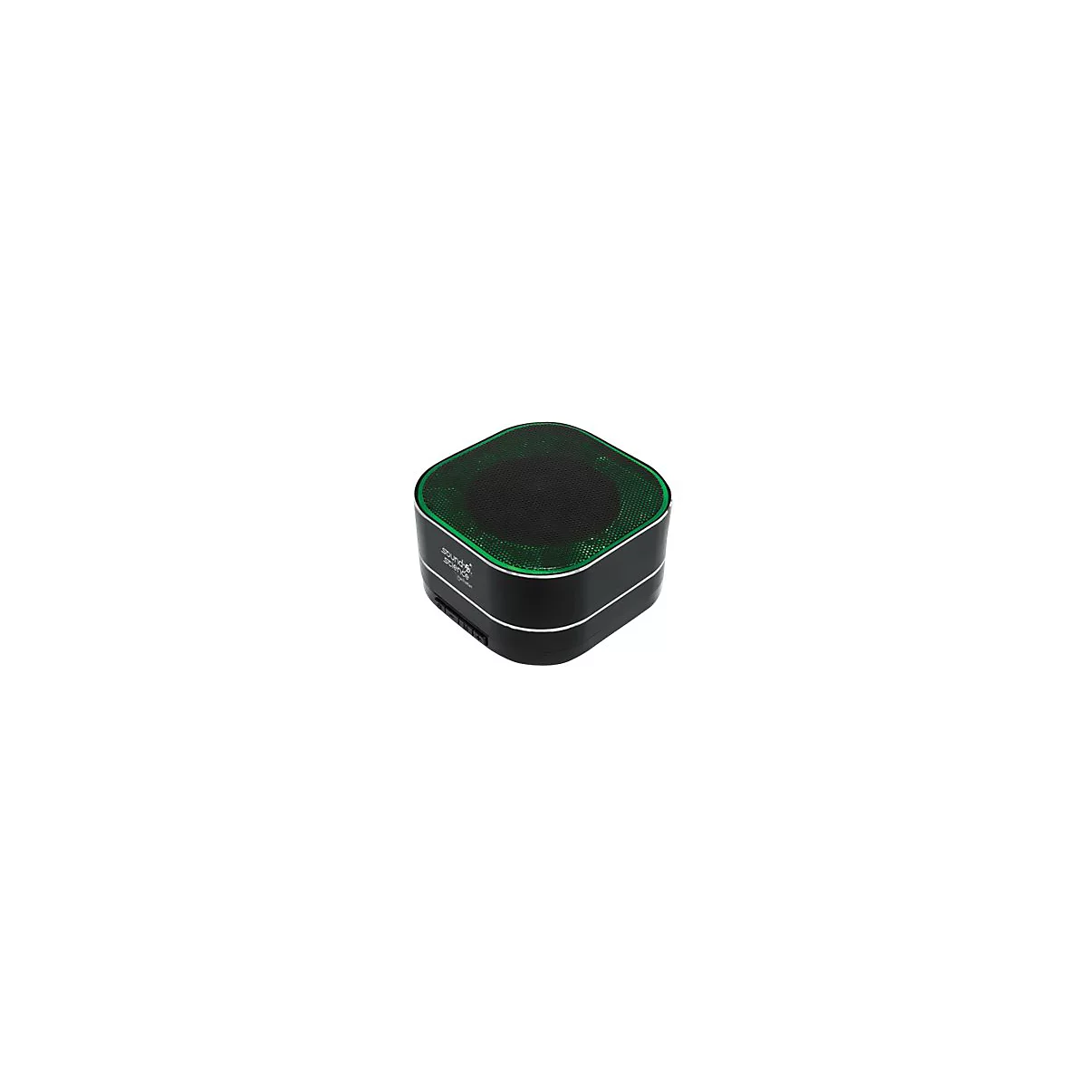 Schwarzer, quadratischer Bluetooth-Lautsprecher mit grünem Lichtring und Sound Science Logo.