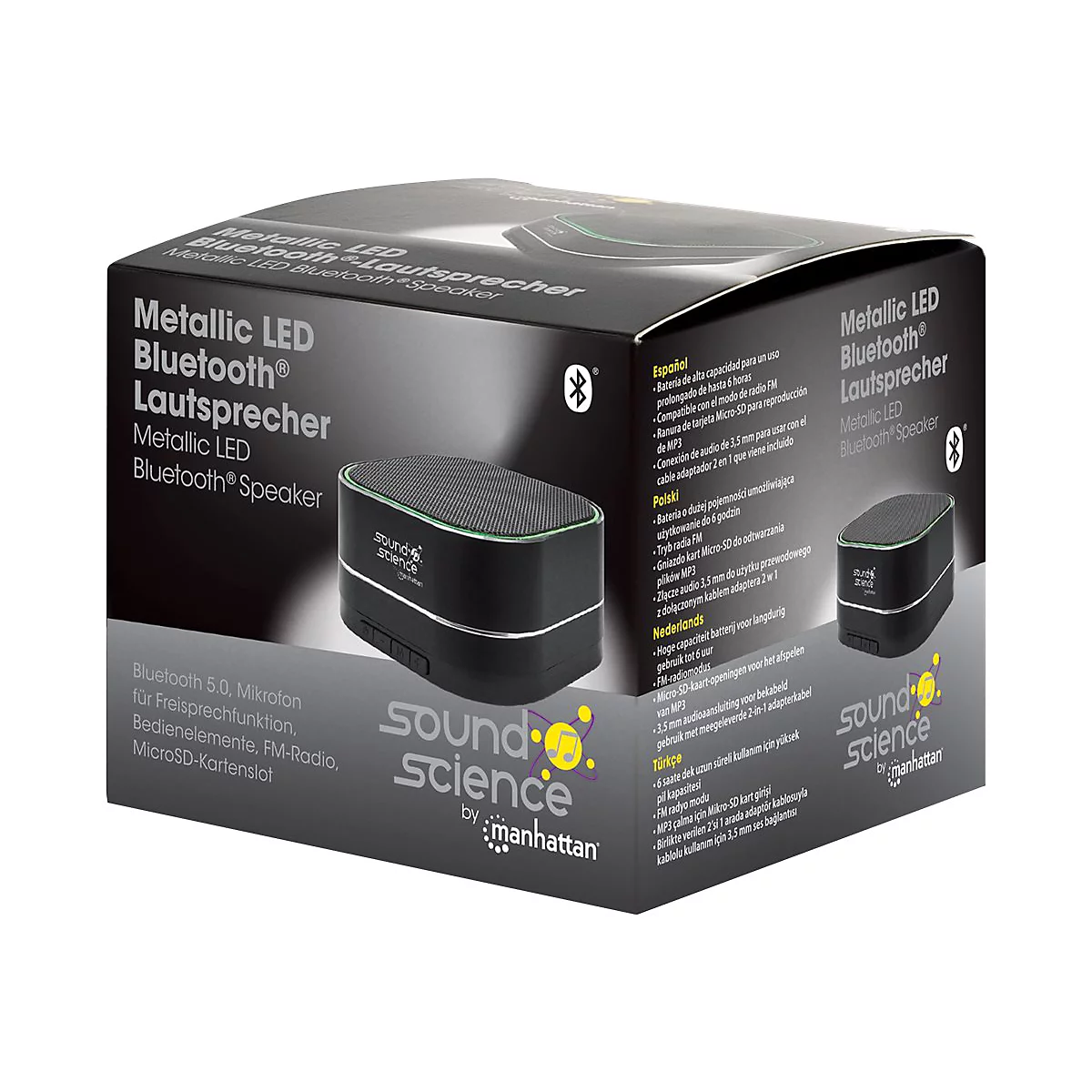 Produktverpackung eines schwarzen, kompakten Metallic LED Bluetooth-Lautsprechers von Sound Science.