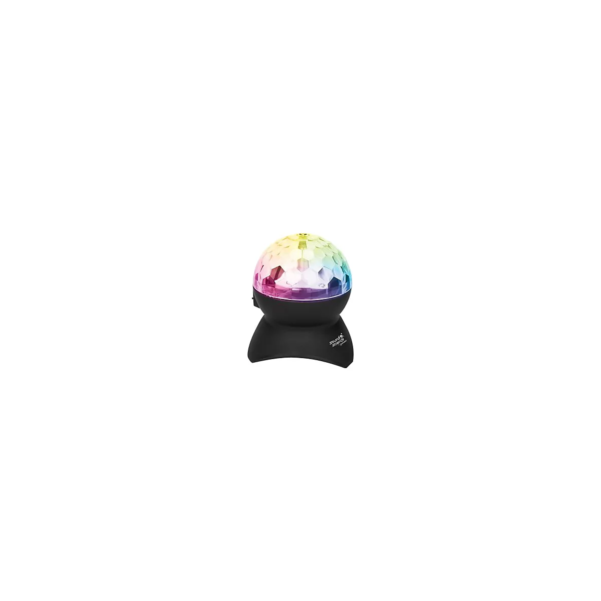 Eine schwarze Disco-Lichtkugel mit facettierter, regenbogenfarbig leuchtender Oberfläche auf einem Standfuß.
