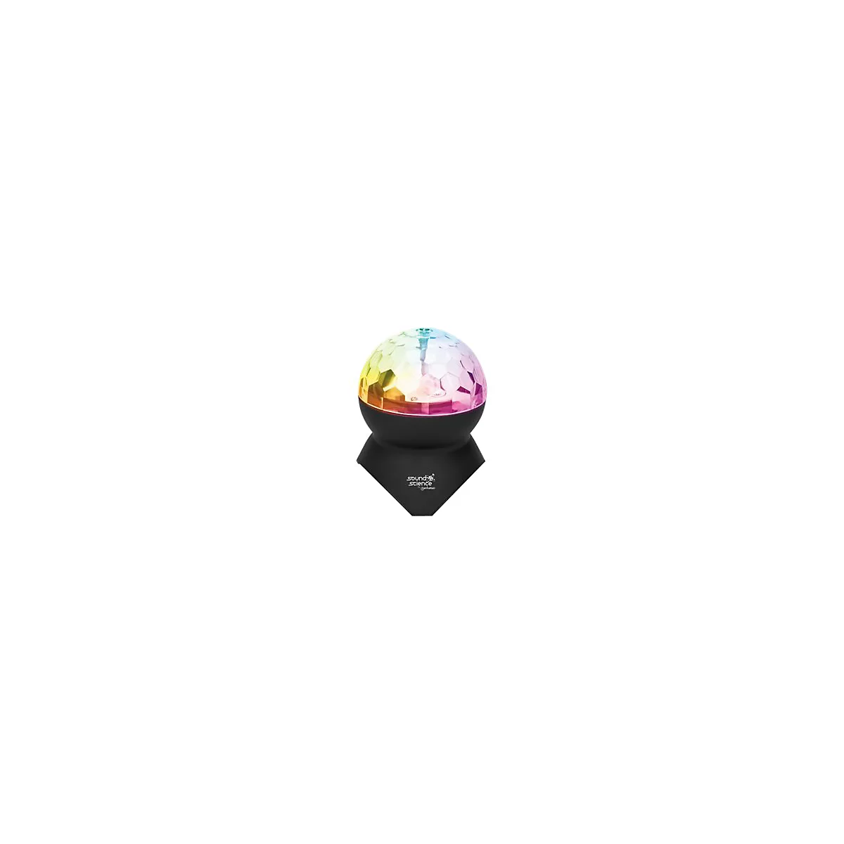 Eine schwarze Disco-Lichtkugel mit facettierter, regenbogenfarbener Kuppel auf schwarzem Standfuß mit Firmenlogo.