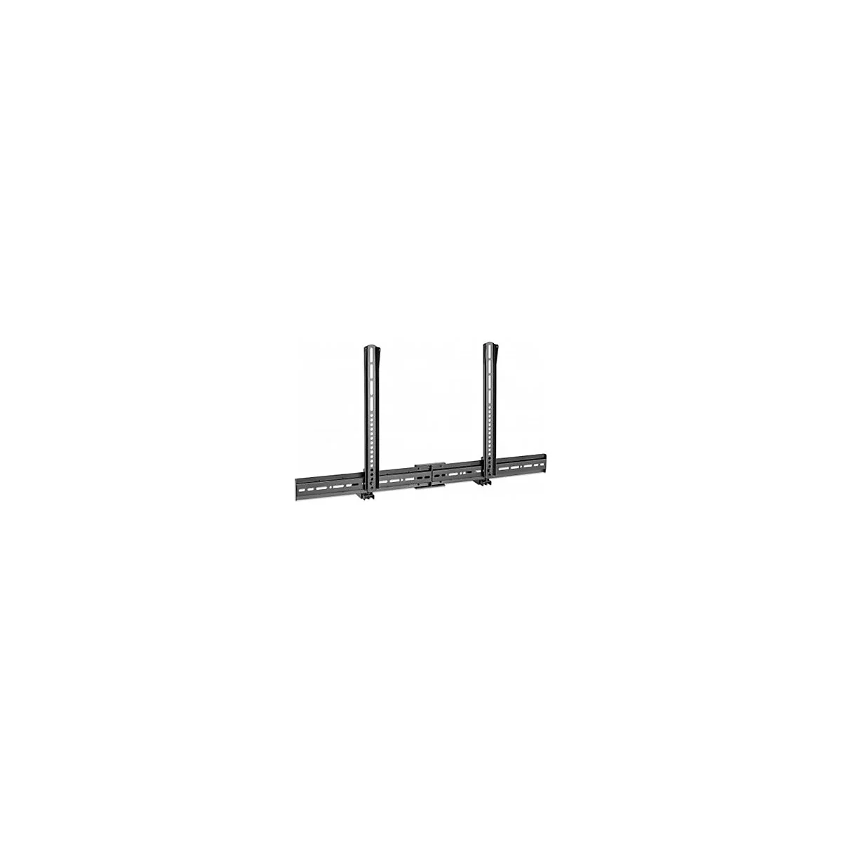 Schwarze TV-Wandhalterung mit zwei vertikalen Schienen und einer horizontalen Basis vor weißem Hintergrund.