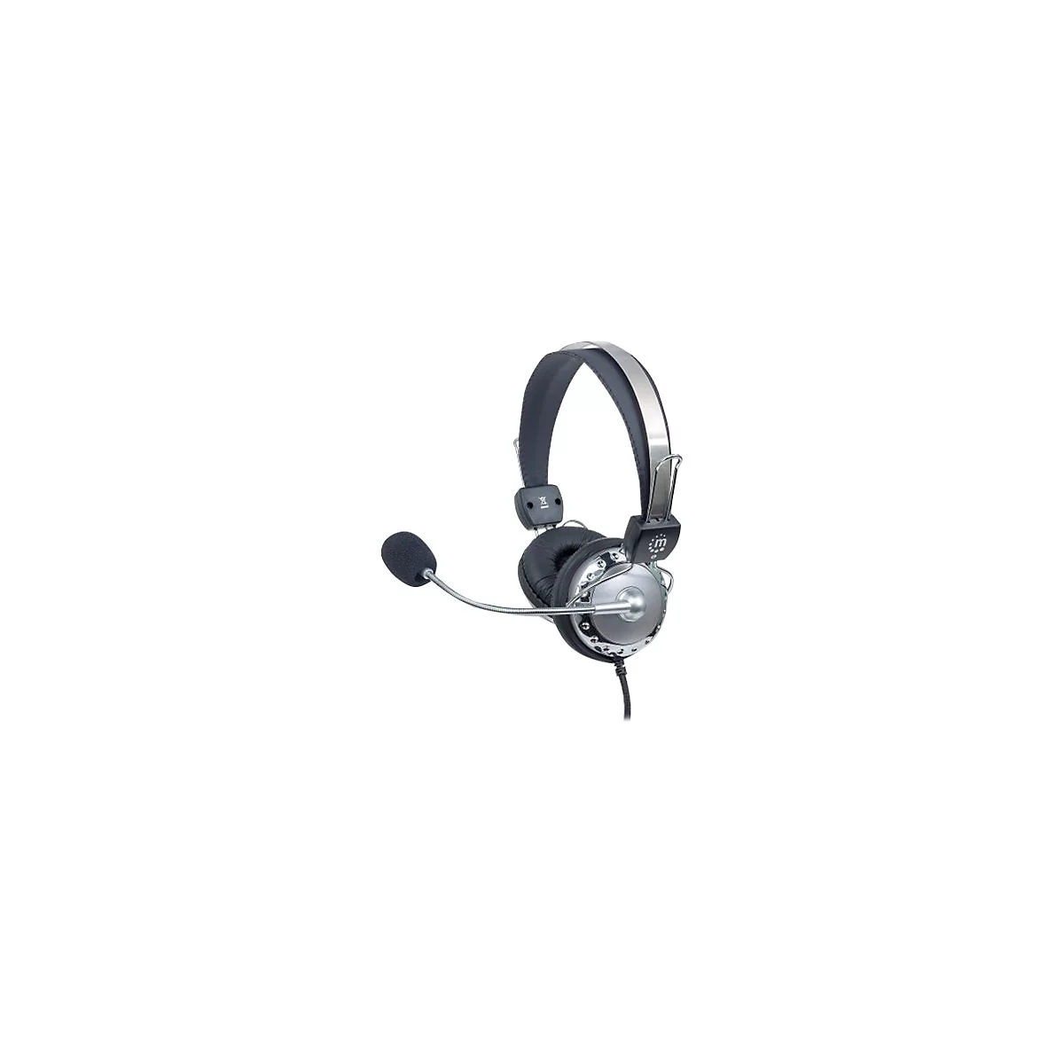 Schwarzes Headset mit silbernen Akzenten und schwenkbarem Mikrofon vor weißem Hintergrund.
