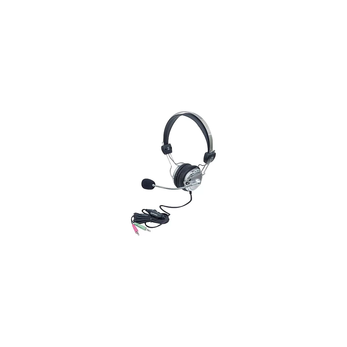 Schwarzes Stereo-Headset mit verstellbarem Kopfbügel, Mikrofonarm und Kabel mit zwei 3,5-mm-Klinkensteckern.