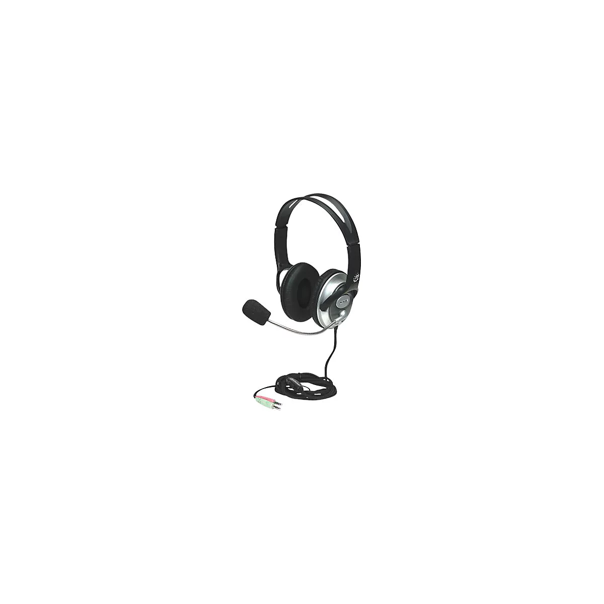 Schwarzes PC-Headset mit Kopfbügel, gepolsterten Ohrmuscheln und schwenkbarem Mikrofon vor weißem Hintergrund.