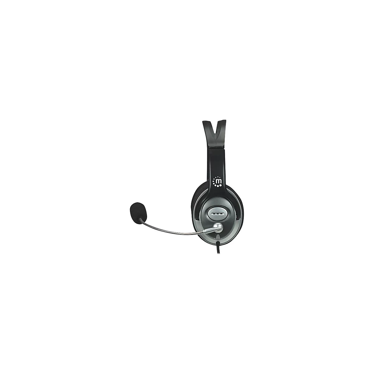 Schwarzes Headset mit Mikrofonarm und weißem Logo auf weißem Hintergrund.