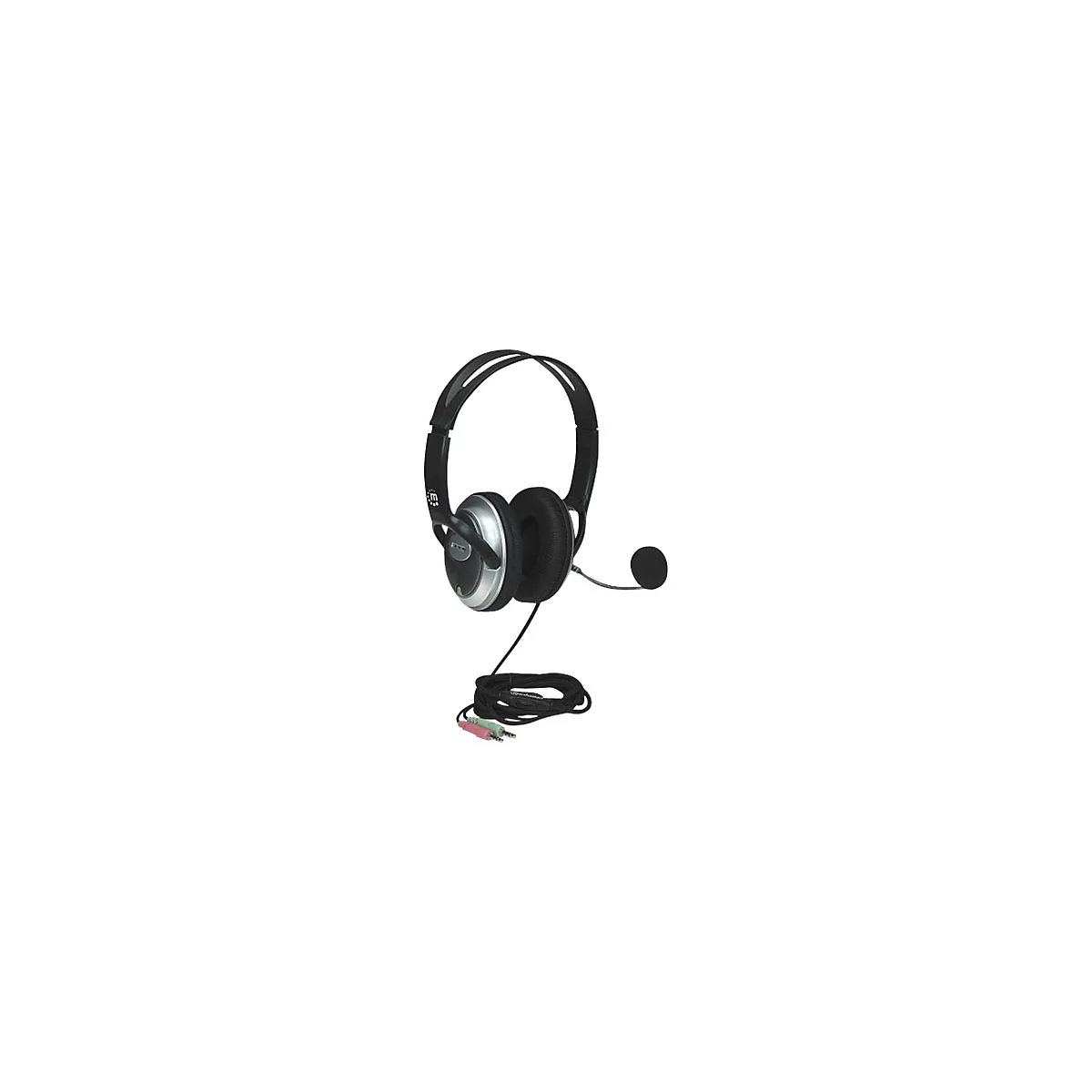Schwarzes Headset mit silbernen Akzenten und Mikrofon vor weißem Hintergrund.