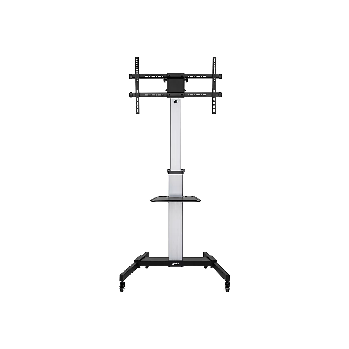 Manhattan TV & Monitor Mount, Trolley Stand, 1 screen, Screen Sizes: 37-86', -10 to 5° Tilt, 90° Rotation, Silver/Black, VESA 200x200 to 600x400mm, Max 50kg, Height adjustable 1200 to 1600mm, AV/Laptop shelf, Aluminium, LFD, Lifetime Warranty - Wa...