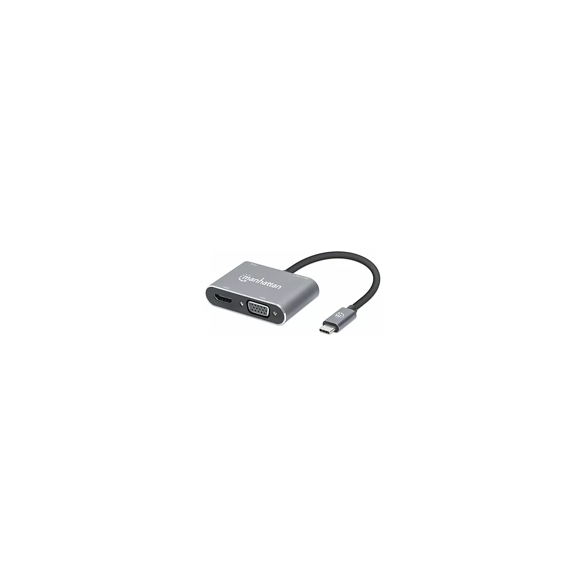 Grauer Manhattan-Adapter mit HDMI-, VGA- und USB-C-AnschlÃ¼ssen. Schwarzes Kabel mit USB-C-Stecker.