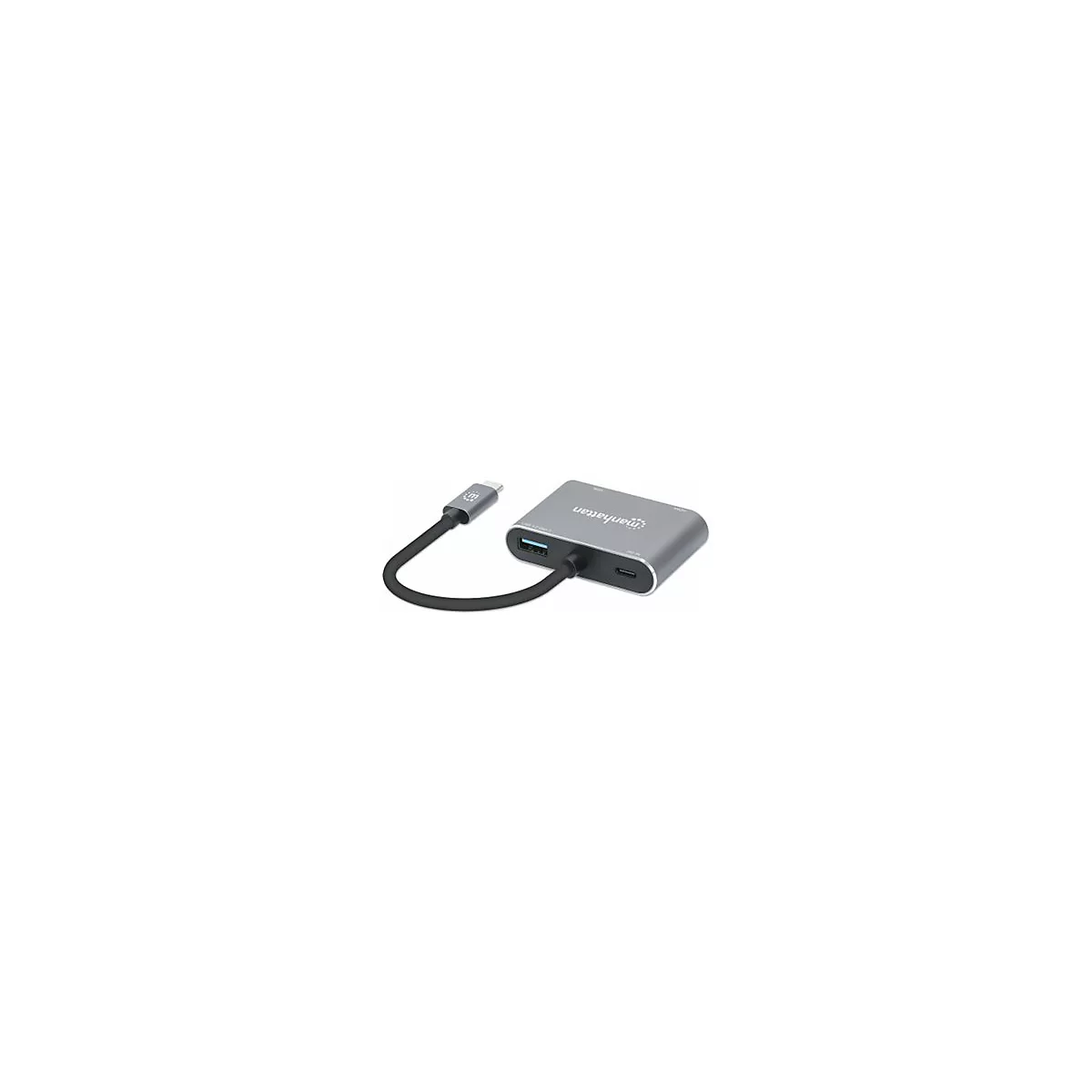 Grauer USB-C-Adapter von Manhattan mit USB- und HDMI-AnschlÃ¼ssen.