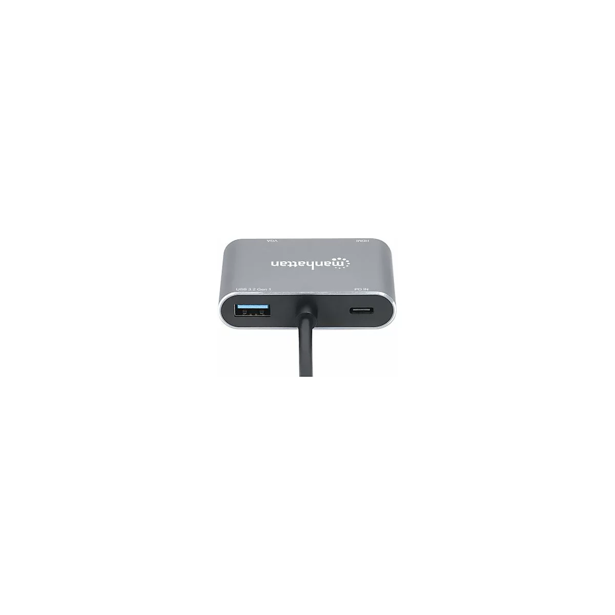 Grauer Manhattan-Adapter mit USB-, HDMI- und VGA-AnschlÃ¼ssen. Schwarzes Kabel, SchriftzÃ¼ge.
