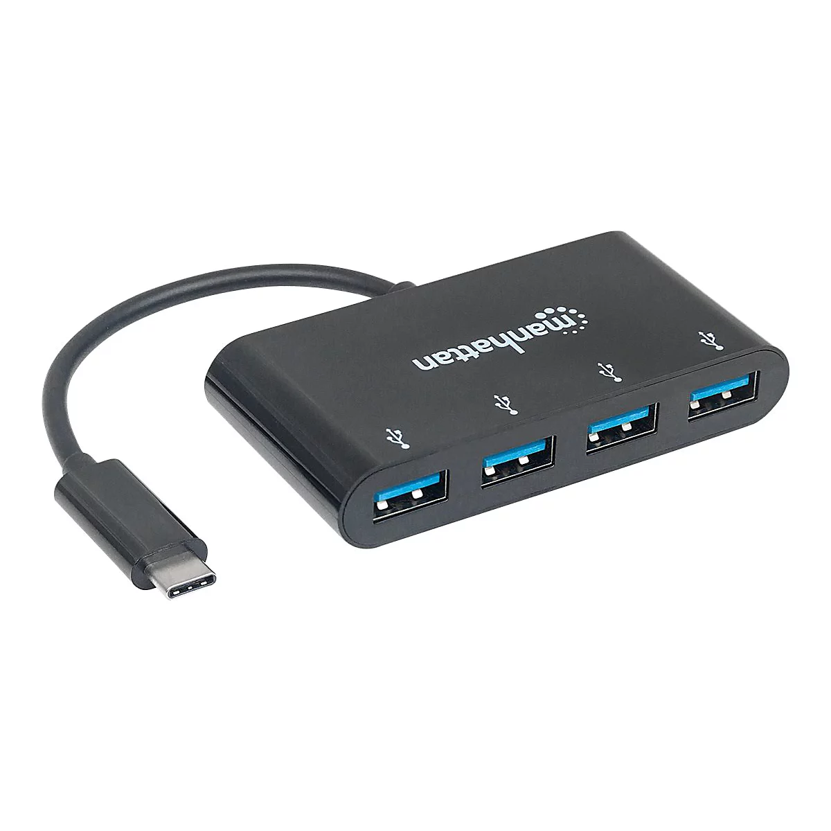 Schwarzer USB-Hub mit 4 USB-AnschlÃ¼ssen und einem USB-C-Anschluss, Manhattan Logo.