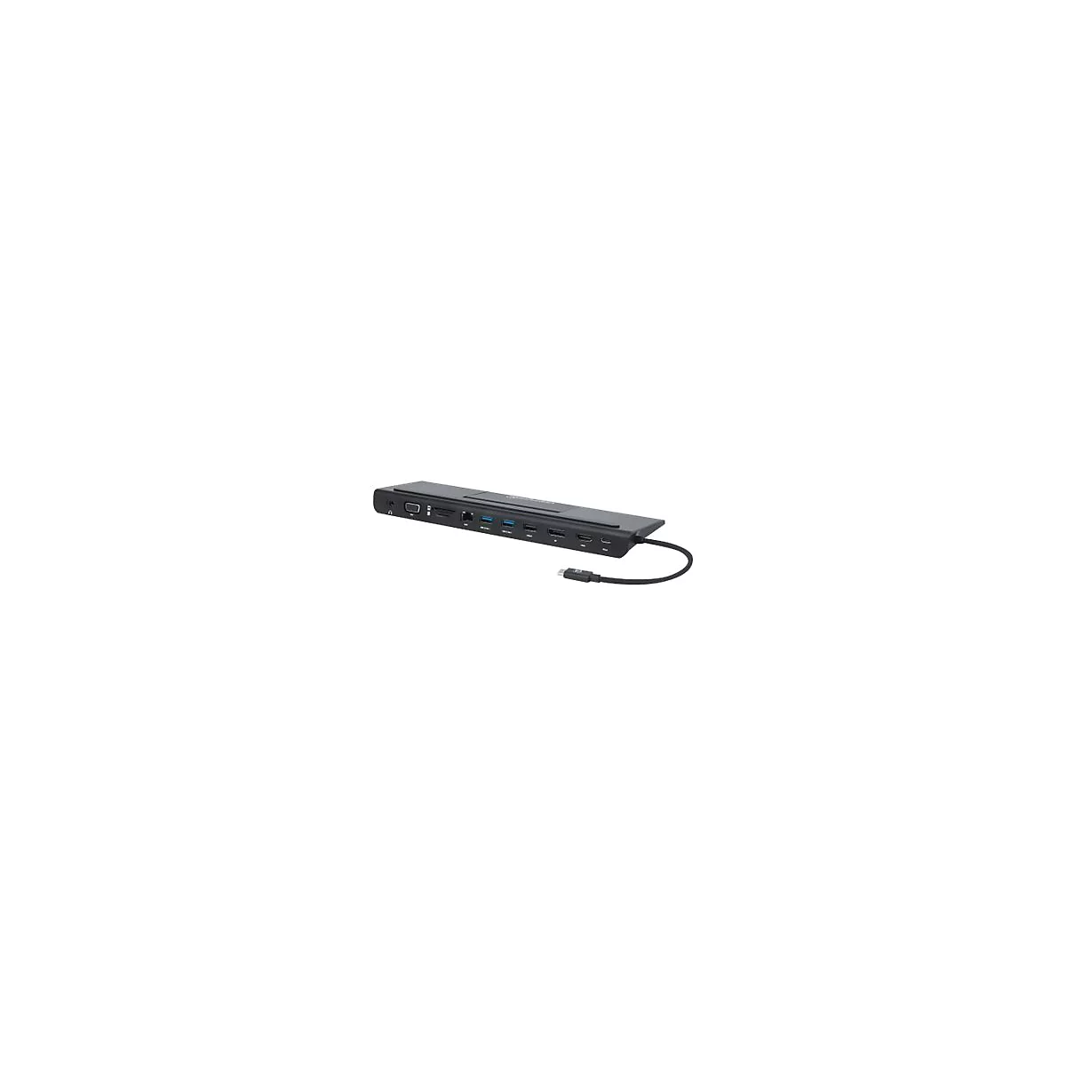 Manhattan USB-C Dock/Hub with Card Reader and MST, Ports (x9): Audio 3.5mm, DisplayPort, Ethernet, HDMI, USB-A (x3), USB-C and VGA, With Power Delivery (100W) to USB-C Port (Note add USB-C wall charger and USB-C cable needed),All Ports can be used...