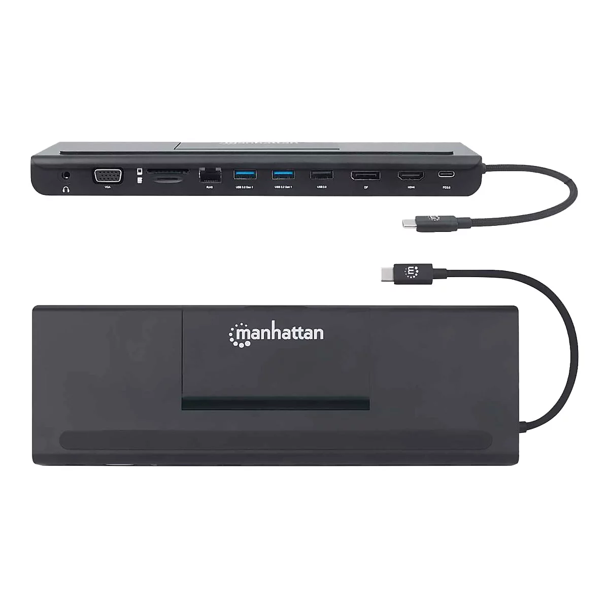 Manhattan USB-C Dock/Hub with Card Reader and MST, Ports (x9): Audio 3.5mm, DisplayPort, Ethernet, HDMI, USB-A (x3), USB-C and VGA, With Power Delivery (100W) to USB-C Port (Note add USB-C wall charger and USB-C cable needed),All Ports can be used...