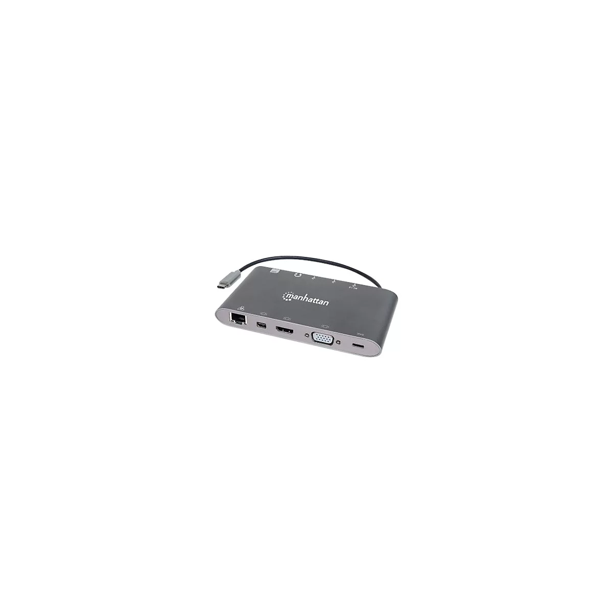 Manhattan USB-C Dock/Hub with Card Reader, Ports (x8): USB-C to HDMI, Audio 3.5mm, Ethernet, Mini DisplayPort, USB-A (x3) and USB-C, With Power Delivery (60W) to USB-C Port (Note add USB-C wall charger and USB-C cable needed), All Ports can be use...