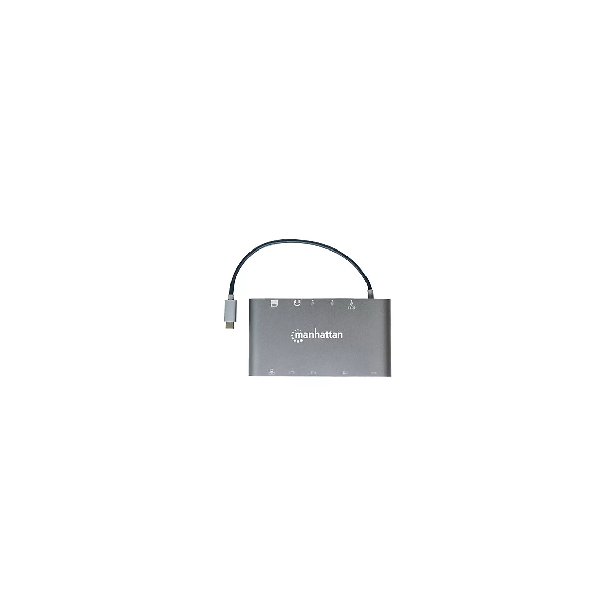 Manhattan USB-C Dock/Hub with Card Reader, Ports (x8): USB-C to HDMI, Audio 3.5mm, Ethernet, Mini DisplayPort, USB-A (x3) and USB-C, With Power Delivery (60W) to USB-C Port (Note add USB-C wall charger and USB-C cable needed), All Ports can be use...