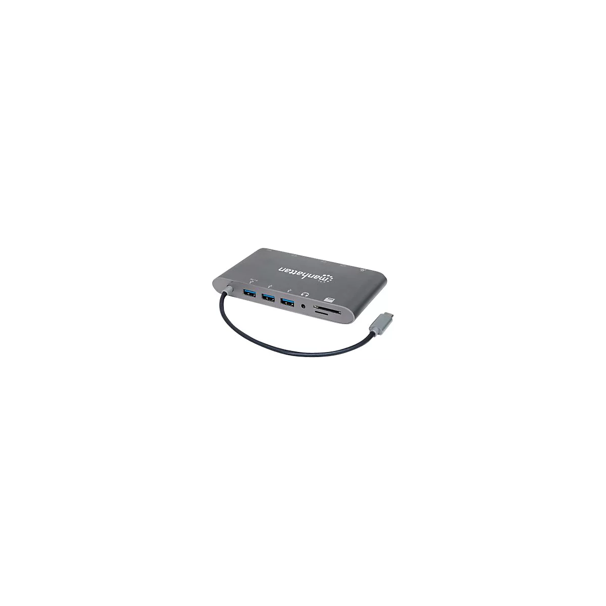 Manhattan USB-C Dock/Hub with Card Reader, Ports (x8): USB-C to HDMI, Audio 3.5mm, Ethernet, Mini DisplayPort, USB-A (x3) and USB-C, With Power Delivery (60W) to USB-C Port (Note add USB-C wall charger and USB-C cable needed), All Ports can be use...