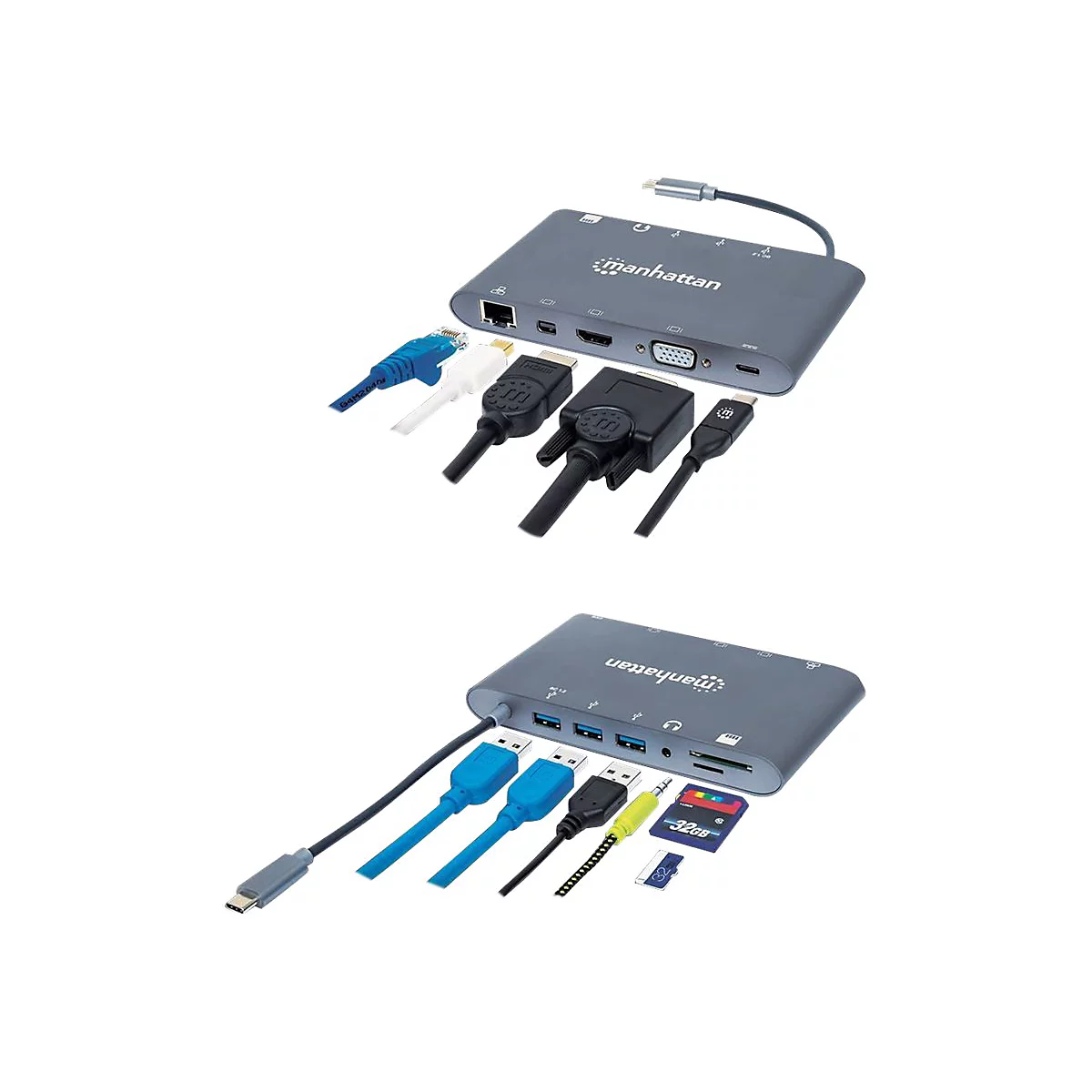 Manhattan USB-C Dock/Hub with Card Reader, Ports (x8): USB-C to HDMI, Audio 3.5mm, Ethernet, Mini DisplayPort, USB-A (x3) and USB-C, With Power Delivery (60W) to USB-C Port (Note add USB-C wall charger and USB-C cable needed), All Ports can be use...