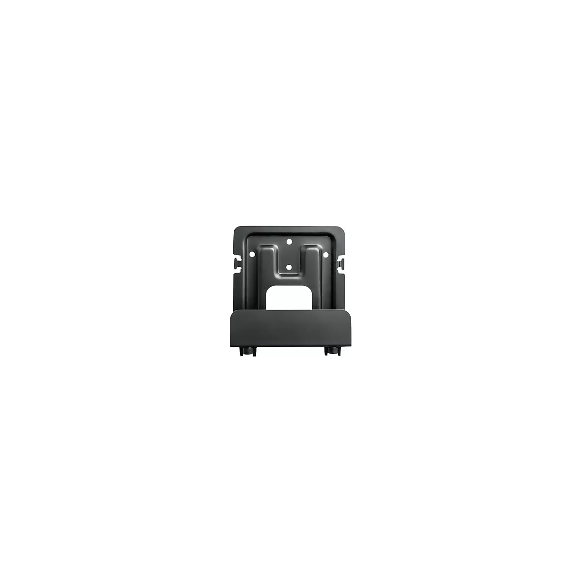 Schwarze, rechteckige Metall-Wandhalterung mit Aussparungen und zwei unteren Standfüßen.
