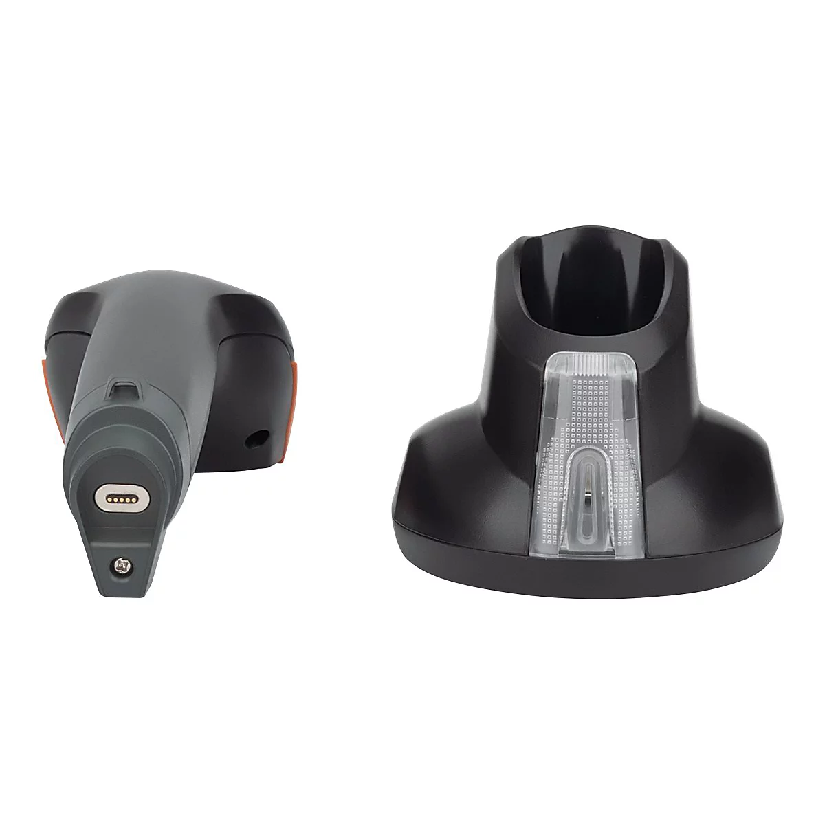 Schwarz-grauer Barcode-Scanner mit Ladestation. Der Scanner liegt links, die Station rechts. Detail: Ladeanschluss und Anzeige.