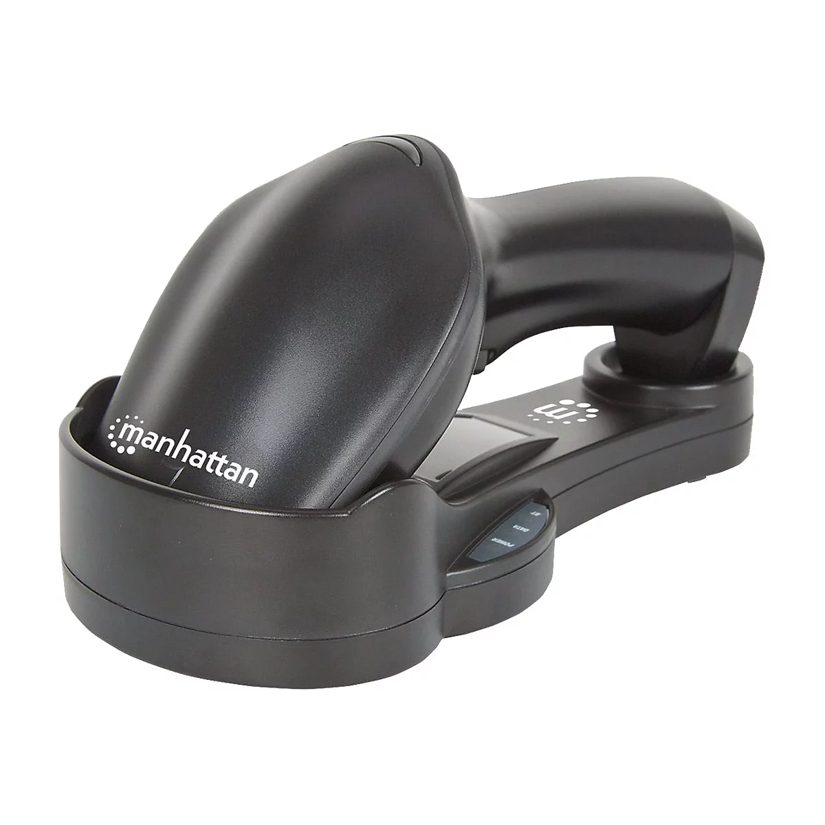 Schwarzer Barcodescanner mit Ladestation. Der Scanner trägt den Schriftzug "manhattan".