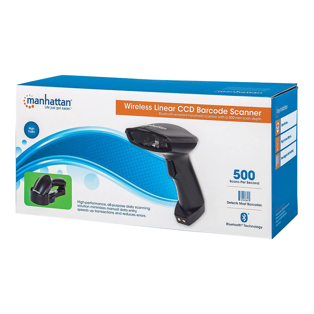 Manhattan Wireless Linear Handheld CCD Barcode Scanner, Bluetooth, 500mm Scan Depth, up to 80m effective range (line of sight), Max Ambient Light 100,000 lux (sunlight), EU/US/UK/AU interchangeable plug, Black, Three Year Warranty, Box - Barcode-S...